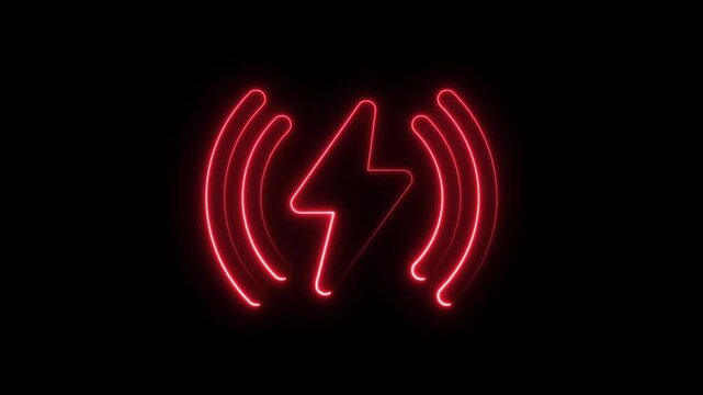 Neon battery charging icon animation on the black background. Glowing battery fast charging. Neon Bolt icon Animation. Flash neon sign. Lighting strike flash animation. Charge flash icon
