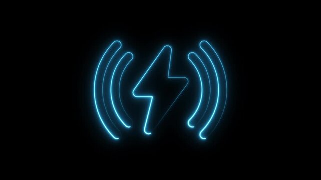 Neon battery charging icon animation on the black background. Glowing battery fast charging. Neon Bolt icon Animation. Flash neon sign. Lighting strike flash animation. Charge flash icon