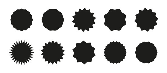 Circle black stickers. Promo wavy edge flat badges. Star burst shape tags for price. Blank sale sticker big set. Vintage labels collection. Graphic illustration. Simple silhouette.