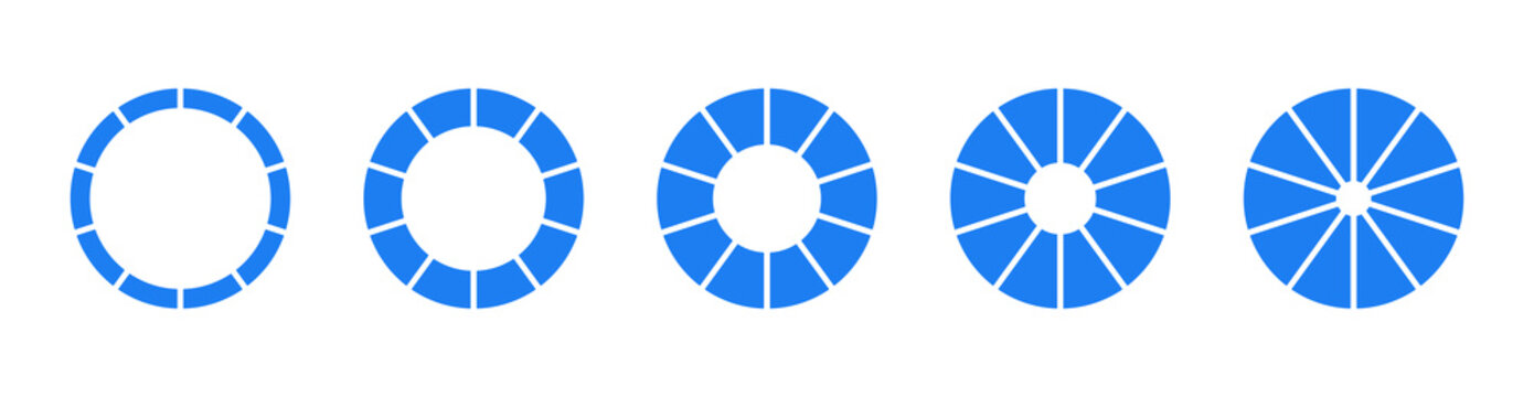 Donut charts, pies segmented on 10 equal parts. Set of diagrams infographics. Wheels round divided on ten sections. Circle section graph. Pie chart blue icons. Geometric elements.