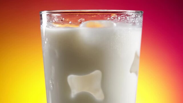 Seamlessly looping abstract motion of ice cubes gently swirling inside a translucent glass of thick white soursop juice on a vibrant gradient background custard apple, movement, looping