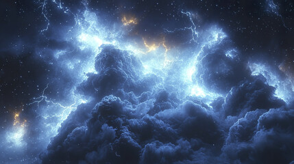 Obraz premium Celestial sky with glowing arcs of light and intense blue clouds illuminated by lightning, creating dramatic and powerful cosmic atmosphere full of energy and mystery
