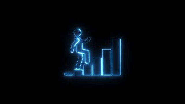Glowing neon line of man conquering mountain peak icon isolated on transparent background Business concept of victory, success, goal achiever Success icon animation with neon shine on black background