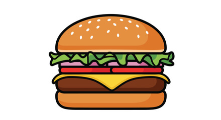 Detailed graphic illustration of a delicious classic hamburger with lettuce, tomato, cheese, onion, and a toasted sesame seed bun.