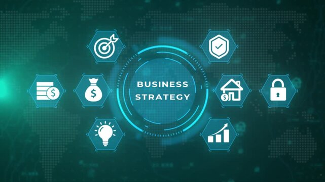A digital infographic a central glowing blue circular interface surrounded by eight white hexagonal representing financial and business concepts against a dark teal map background with subtle