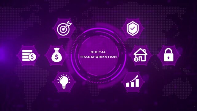 A digital infographic a central glowing purple circular interface surrounded by eight white hexagonal representing financial and business concepts against a dark purple map background with subtle
