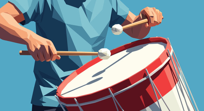 Close-up of a person playing a drum with drumsticks in a stylized, low-poly art style Low Polygonal