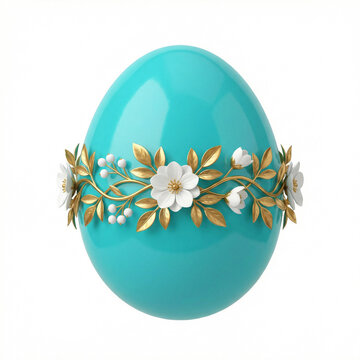 Glossy vivid turquoise Easter egg decorated with white flower wreath, isolated on white background