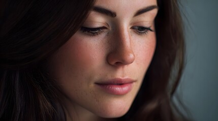 Obraz premium Close up portrait of a young woman s face with freckles and rosy cheeks looking down thoughtfully