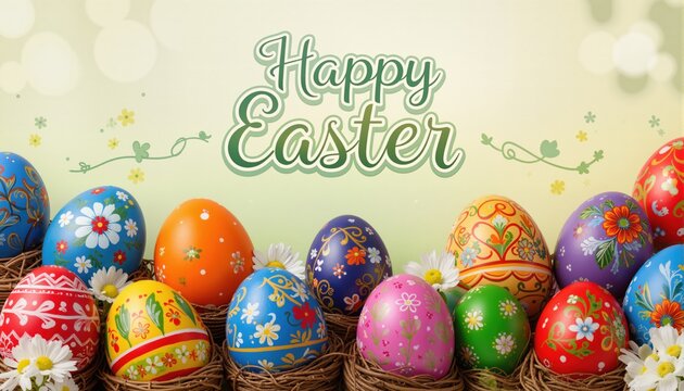 Happy easter banner background. Traditional colored easter eggs with different ornaments. 
