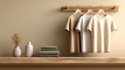Minimalist interior mockup with wooden shelf and clothes rack on beige wall