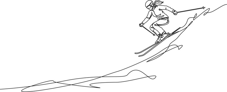 continuous line drawing of female skier downhill skiing, line art vector illustration