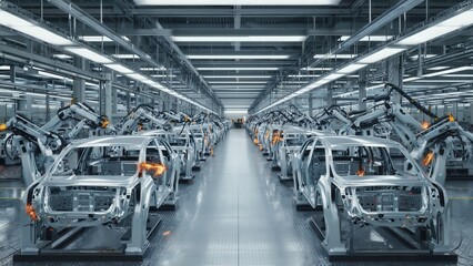Fototapeta premium Large automotive manufacturing plant interior with robotic arms assembling car body frames