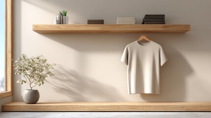 Minimalist interior mockup with wooden shelf and clothes rack on beige wall