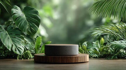 Wooden product podium in lush tropical forest with green foliage 