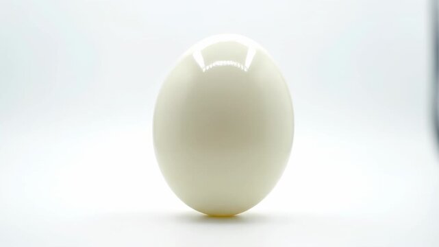 Seamlessly looping abstract shot of a perfect whole hard boiled egg rotating slowly against an isolated pure white background motion, shape, protein