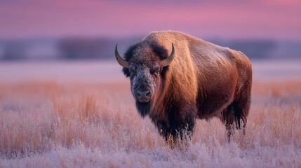 Massive American bison standing in a snowy field of tall dry grass at sunset with a soft pink and purple sky and frost on the animal's fur.