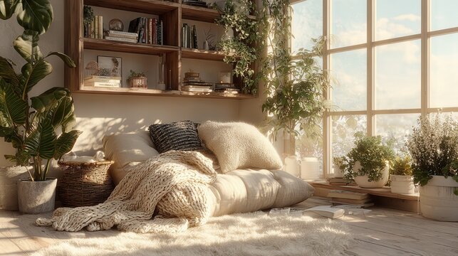 Tranquil bedroom with hand touching soft linen sheets in morning sunlight, cozy and relaxing atmosphere.