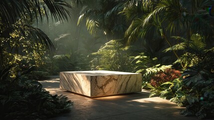Wooden product podium in lush tropical forest with green foliage
