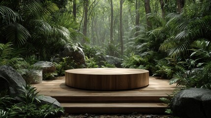 Wooden product podium in lush tropical forest with green foliage