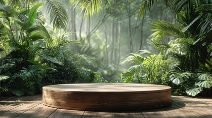 Wooden product podium in lush tropical forest with green foliage