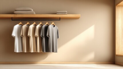Minimalist interior mockup with wooden shelf and clothes rack on beige wall 
