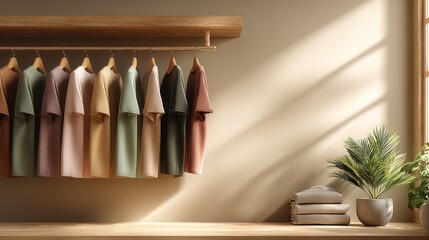 Minimalist interior mockup with wooden shelf and clothes rack on beige wall 
