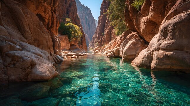 Narrow river with stunning turquoise water flowing through steep red rock canyon walls, with reflections of the cliffs in the vibrant water.