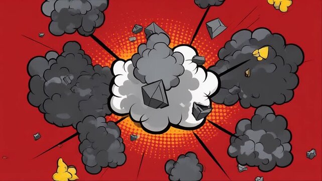Explosion illustration with smoke and debris on red background for dramatic effect