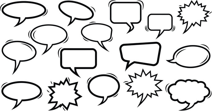 Collection of various comic book style speech bubbles and thought clouds for dialogue