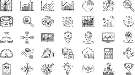 Fototapeta premium Hand-drawn Data Analysis Business Icons Set. Doodle collection for analytics, finance, strategy, and statistics concepts.