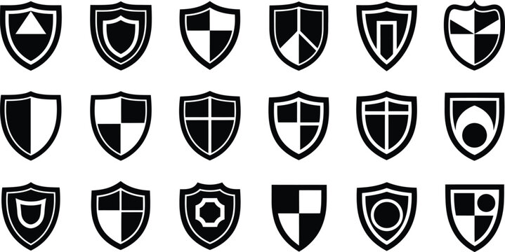 Collection of various shield icons in black and white on white background