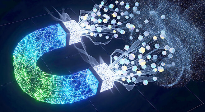 Visually representing the power of an inbound marketing magnet attracting digital data and leads