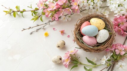 Happy Easter Flat Lay with Eggs in Nest and Spring Flowers - 5