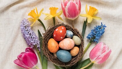 Happy Easter Flat Lay with Eggs in Nest and Spring Flowers - 2