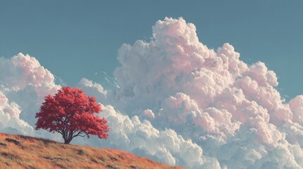 Fototapeta premium Solitary tree with vibrant red autumn foliage standing on a grassy hill under large pink cumulus clouds in a blue sky with painterly lights.
