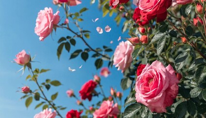 Spring Floral Border with Blooming Rose Bush on Blue Background - 3