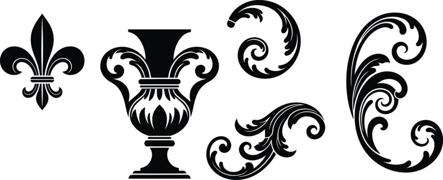 ornate floral design elements and vase on white background