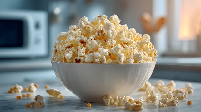 White ceramic bowl overflowing with buttery popcorn on a marble kitchen counter, with scattered kernels and a blurred microwave background.