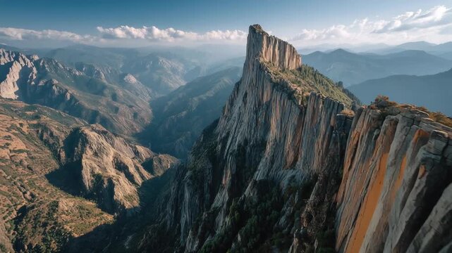 Steep mountain cliff face with dramatic rock formations located in a remote wilderness area during daylight hours