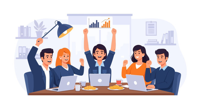 Team Celebrating Success at Office Desk.