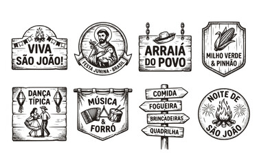 Obraz premium Black White Halftone Viva Sao Joao Brazilian June Party Wooden Sign Set 8 Sketch Saint John Festa Junina-Thematic Logo Festival Vector Set