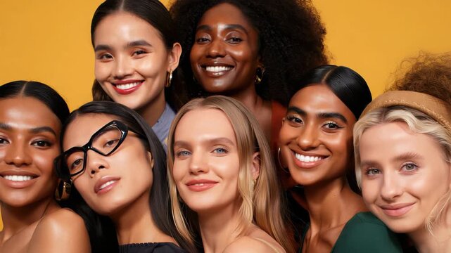 Diverse group of women against a yellow background celebrating unity, empowerment and diversity, emphasizing inclusivity, support and equality, representation and solidarity in modern society