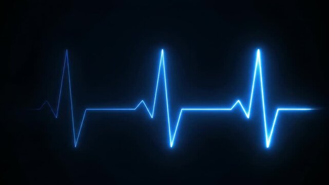 Glowing Blue Neon EKG Heartbeat Line on Dark Black Background