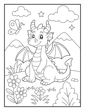 Fantasy coloring pages for kids. A happy baby dragon sitting in a spring meadow with mountains and flowers. Children's coloring books, fun and educational materials.