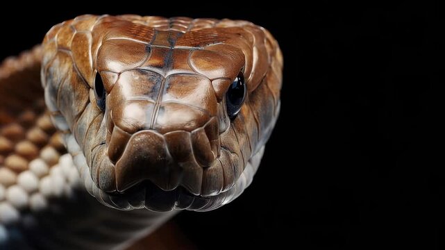 Close up view of cobra showing patterned hood on dark background with focus on scales and eye detail