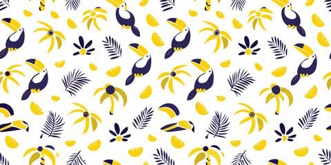 Tropical pattern featuring toucans banana leaves and palm fronds © KrishnaPada