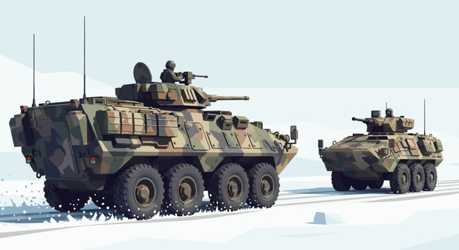Two armored vehicles with camouflage patterns drive through a snowy landscape Low Polygonal