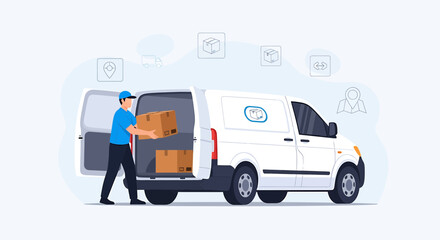 Fototapeta premium Delivery Person Loading Boxes into White Van, Logistics Service, E-commerce Shipping