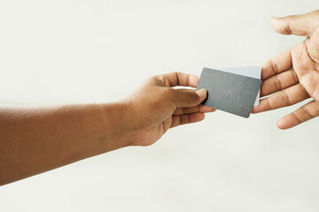 Obraz premium Blank Card Mockup Presented by Hands Isolated on White Background